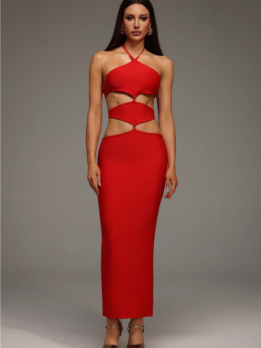 Red Halter Maxi Dress with Cutout Bodice